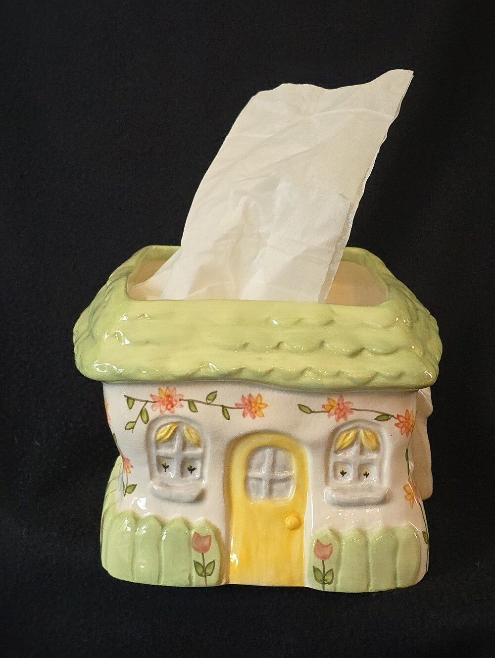 Vintage Russ Berrie Planter Green Cottage with Cat Hand Painted Tissue Box